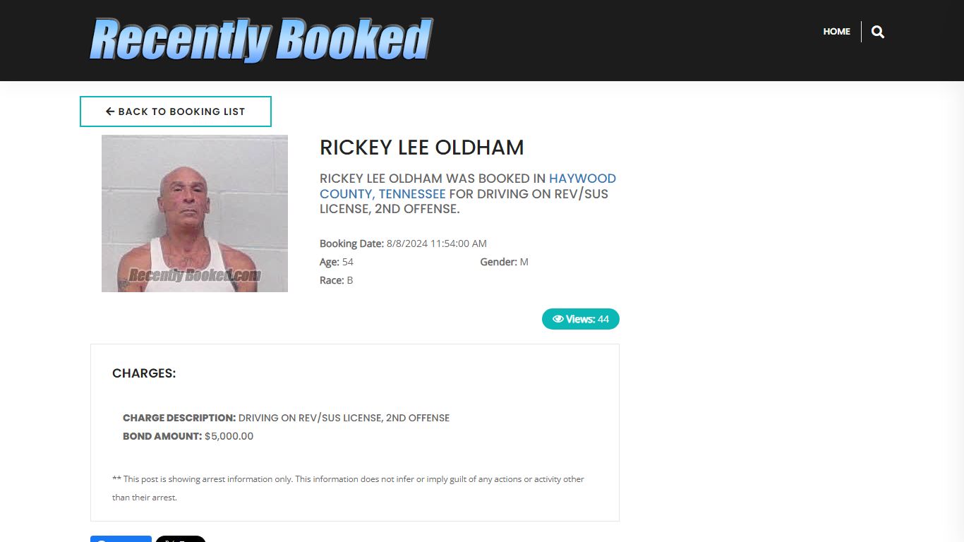 Recent Booking / Mugshot for RICKEY LEE OLDHAM in Haywood County, Tennessee